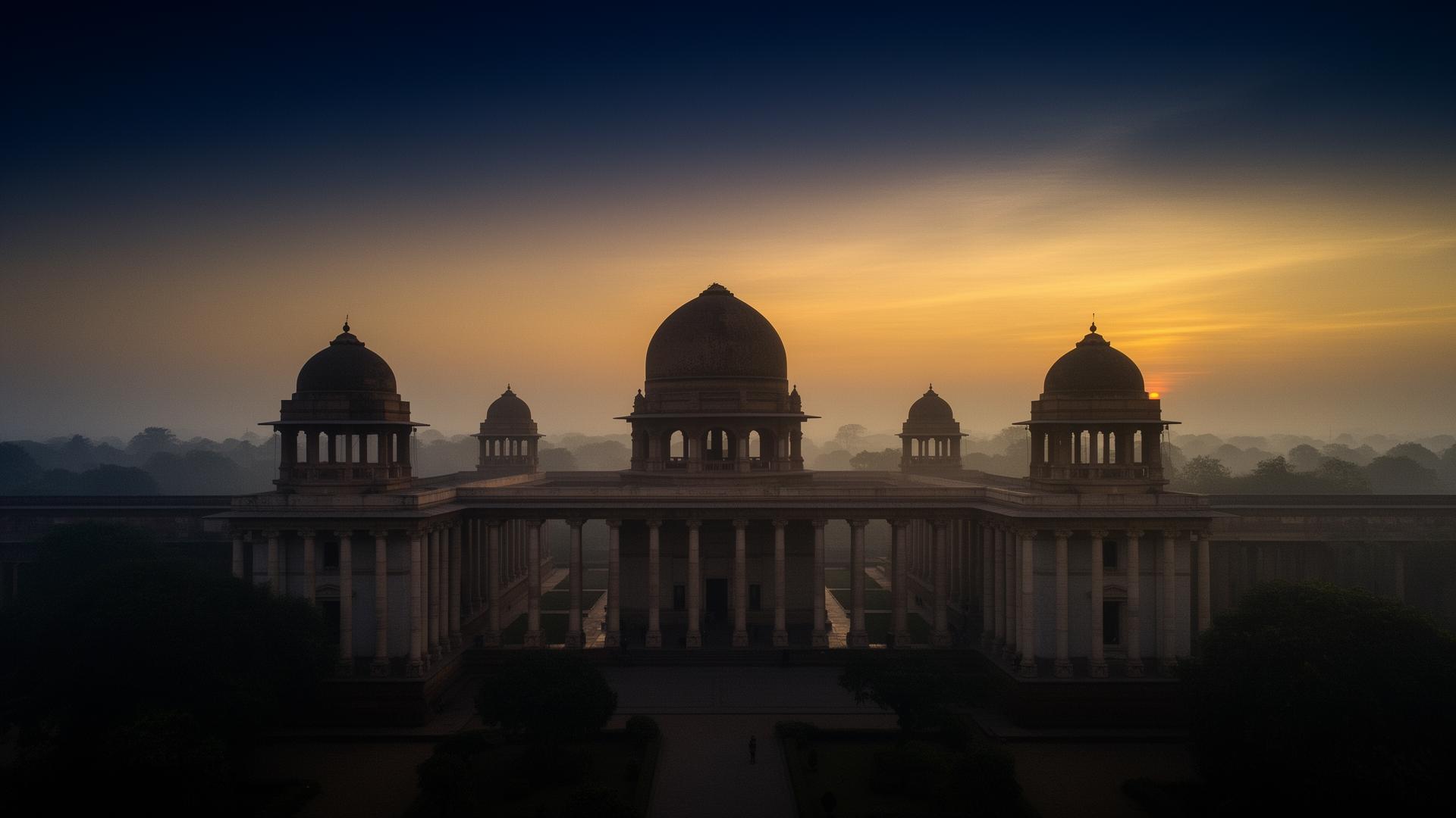 Monumental Indian architecture at dusk